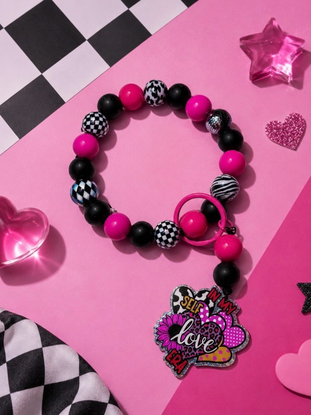 Colorful Beaded Wristlet Keychain with Love Charm
